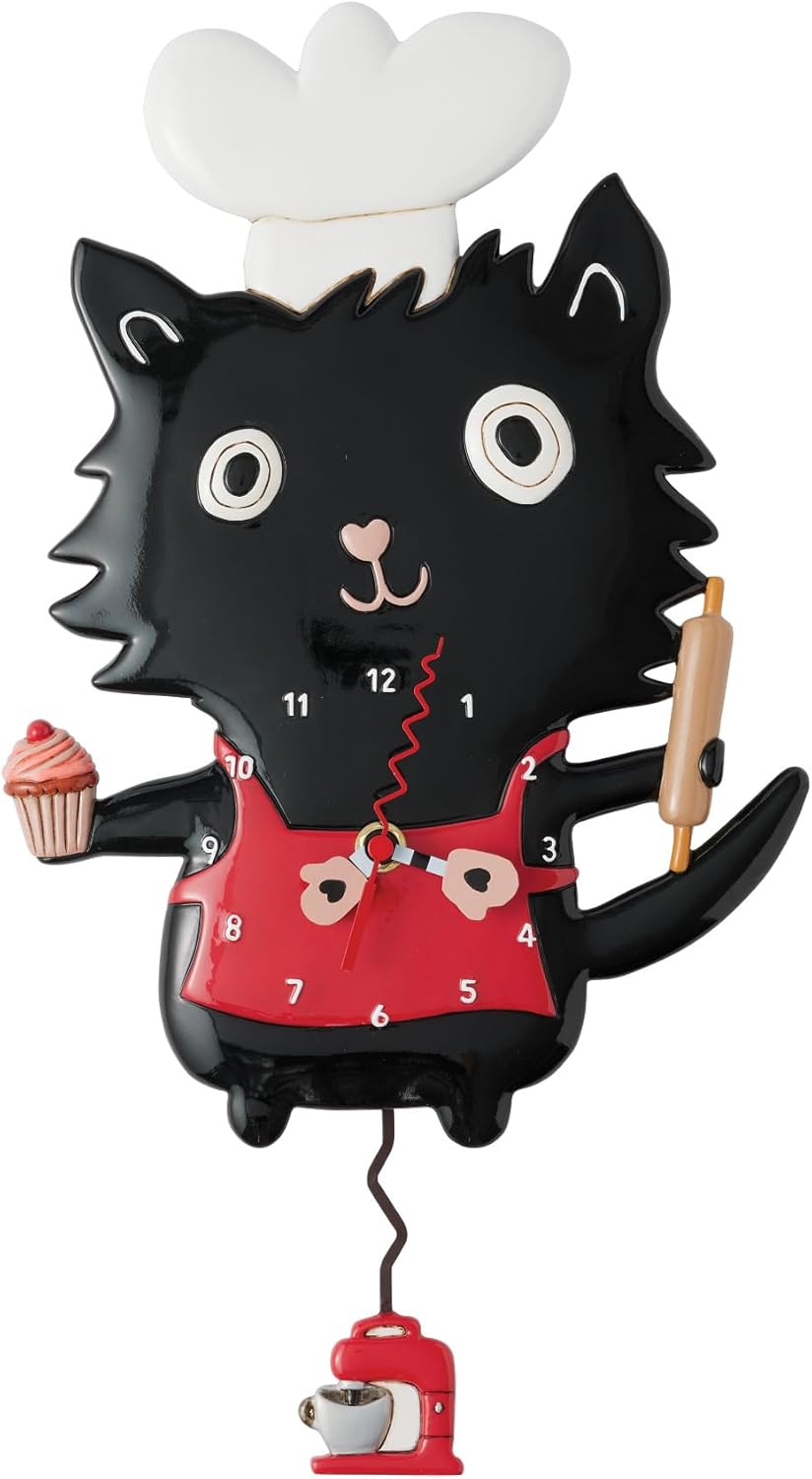 Enesco Allen Designs Cat Wearing Chef Hat Sugar Paws Sculpted Pendulum Wall Clock, 12.6 Inch, Multicolor