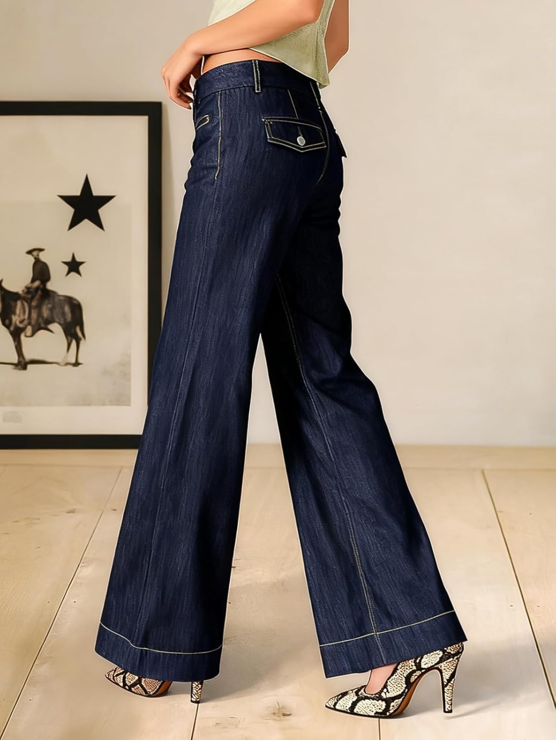 Flamingals Straight Leg Mid Rise Wash Welt Pocket Flap Decor Jeans for Women - Image 5