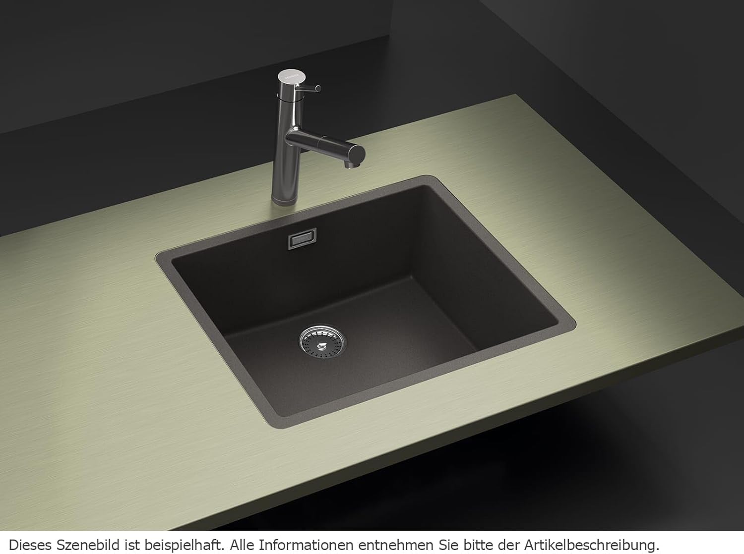 An installed SCHOCK kitchen sink in a dark grey color, set into a light green countertop, with a modern chrome faucet. The image shows the sink's clean lines and integrated appearance.