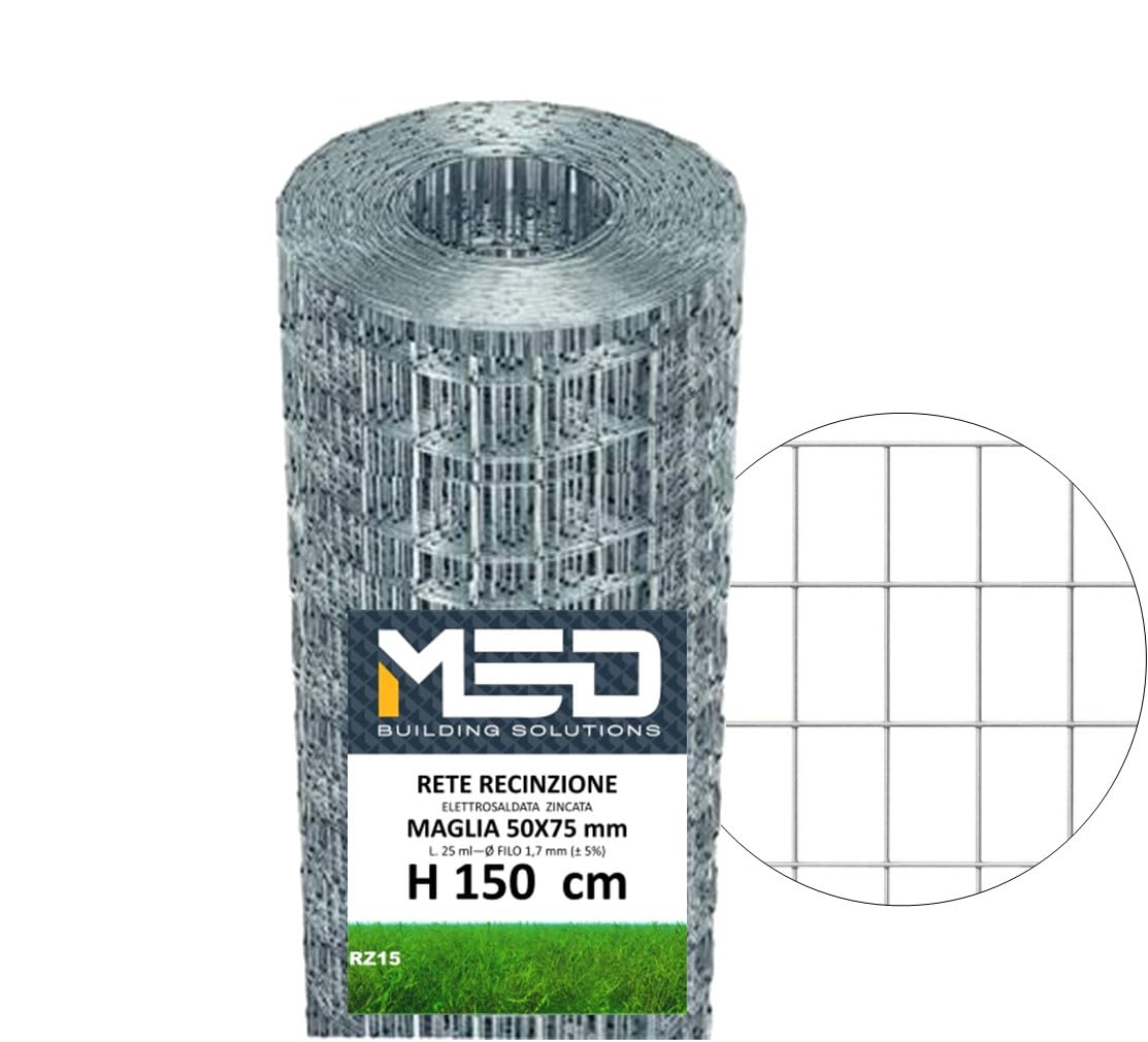 Rete Metallica Plastificata Verde - Rotolo 25m, Maglia 75x50mm, Altezza 150cm Per Recinzioni