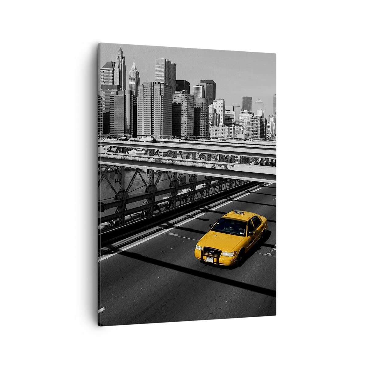 Tableau Déco New York Sur Verre 70x50 Cm - Photo Noir Et Blanc De Manhattan, Brooklyn Bridge, Taxi - Moderne