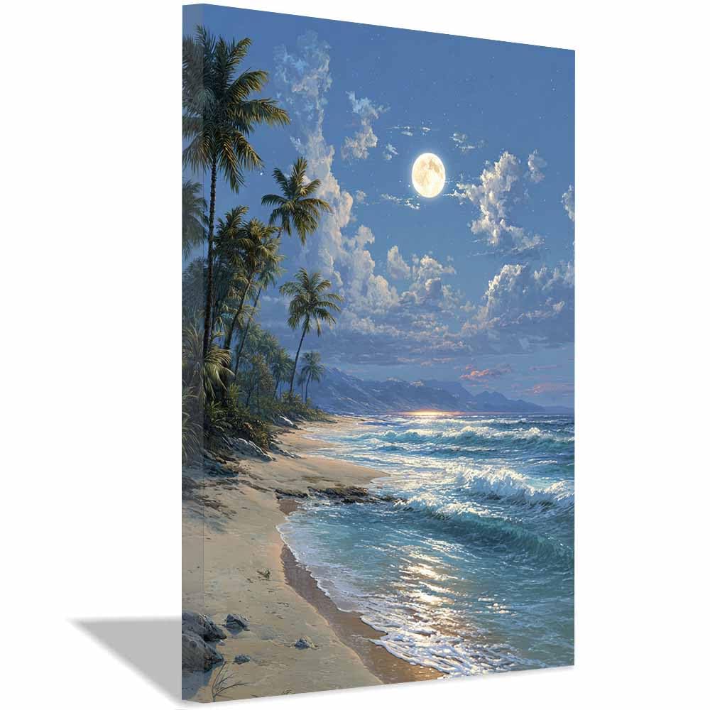 PUQAAEO Canvas Prints Wall Art Nighttime Beacheses Moonlight Landscape Pictures Modern Canvas Painting Giclee Artwork For Home Decoration(Multicolor)-60x90cm Framed