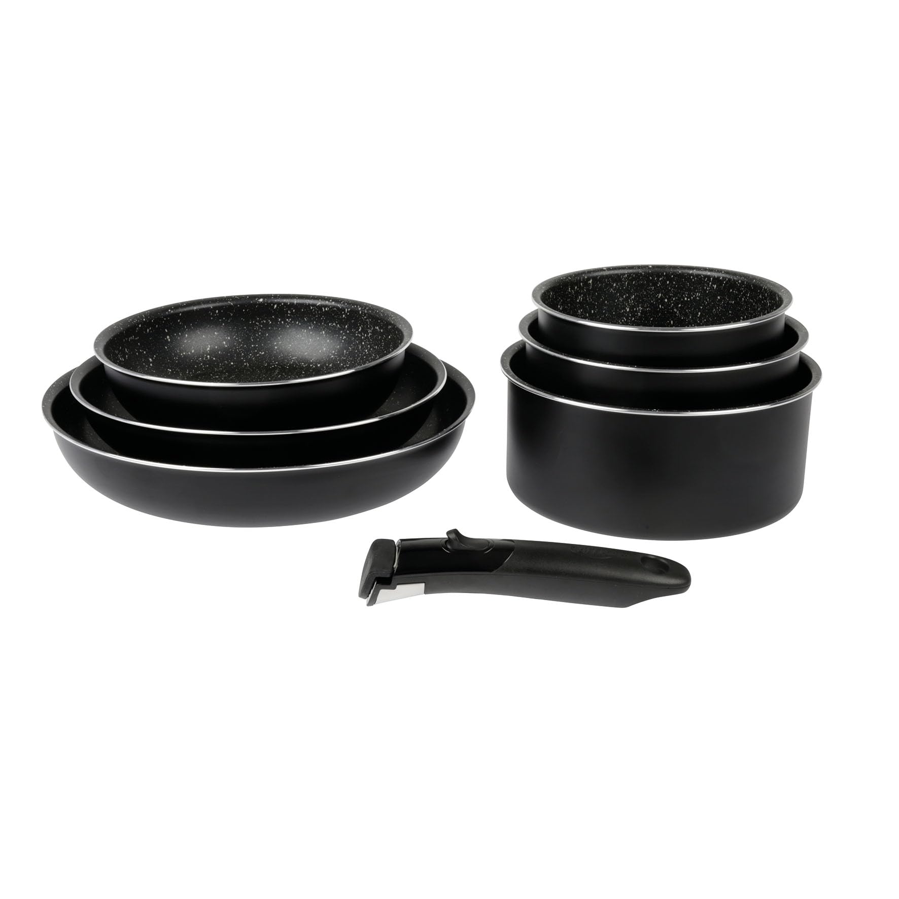 Sitram 716933 naczynia kuchenne 7 szt. Aluminium czarne: zdejmowany uchwyt, 3 patelnie Ø20,24,28 cm, 3 garnki Ø16,18,20 cm - powłoka nieprzywierająca bez PFOA z efektem kamienia - wszystkie palniki, w