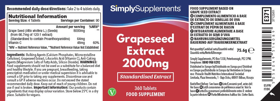 Estratto di Semi d'uva 2000 mg - 360 compresse - Adatto ai vegani - 6 mesi di trattamento - SimplySupplements