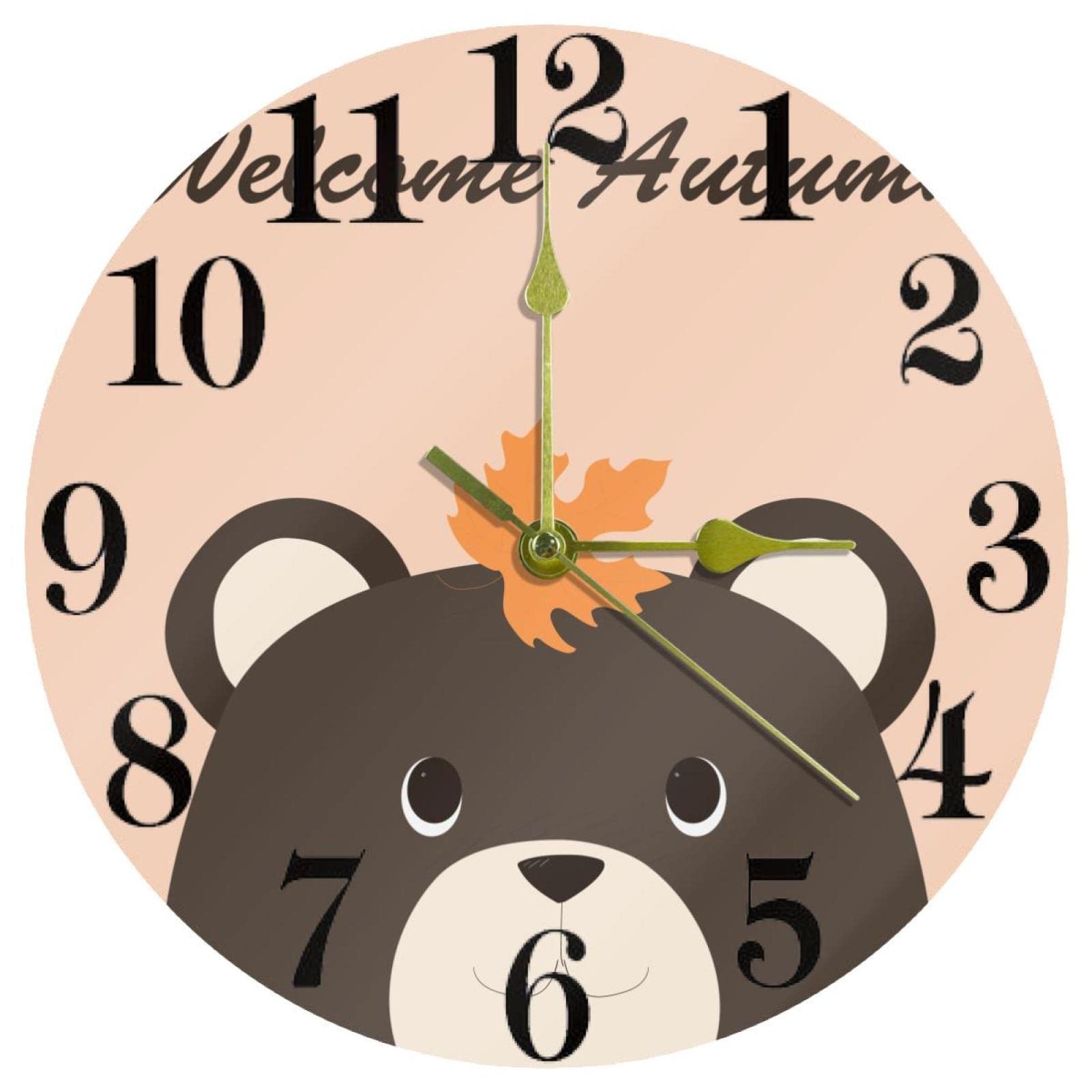 Horloge murale ours et feuille d'érable de 25,4 cm, modèle silencieux à piles pour cuisine et bureau