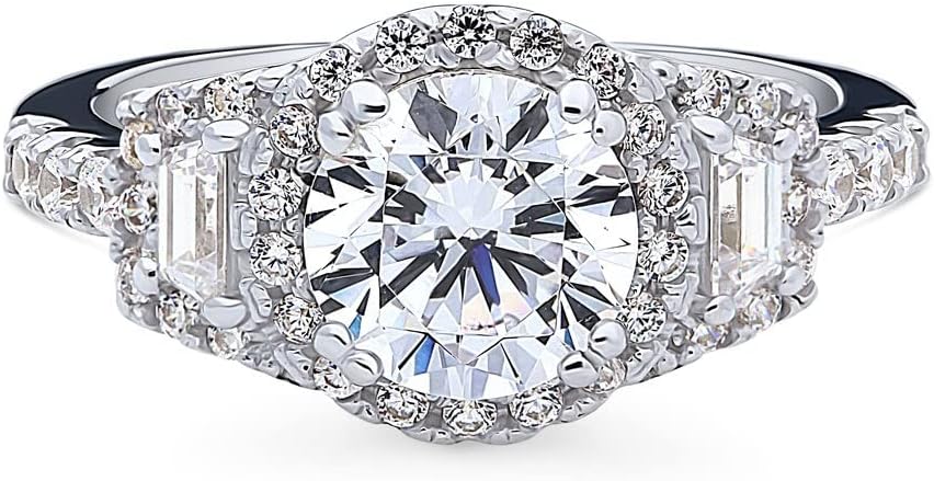 BERRICLE Sterling Silver CZ 3-Stone Halo Wedding Engagement Promise Rings for Women, Art Deco Cubic Zirconia Ring - Asscher, Cushion, Marquise, Princess, Round, Pear Cut