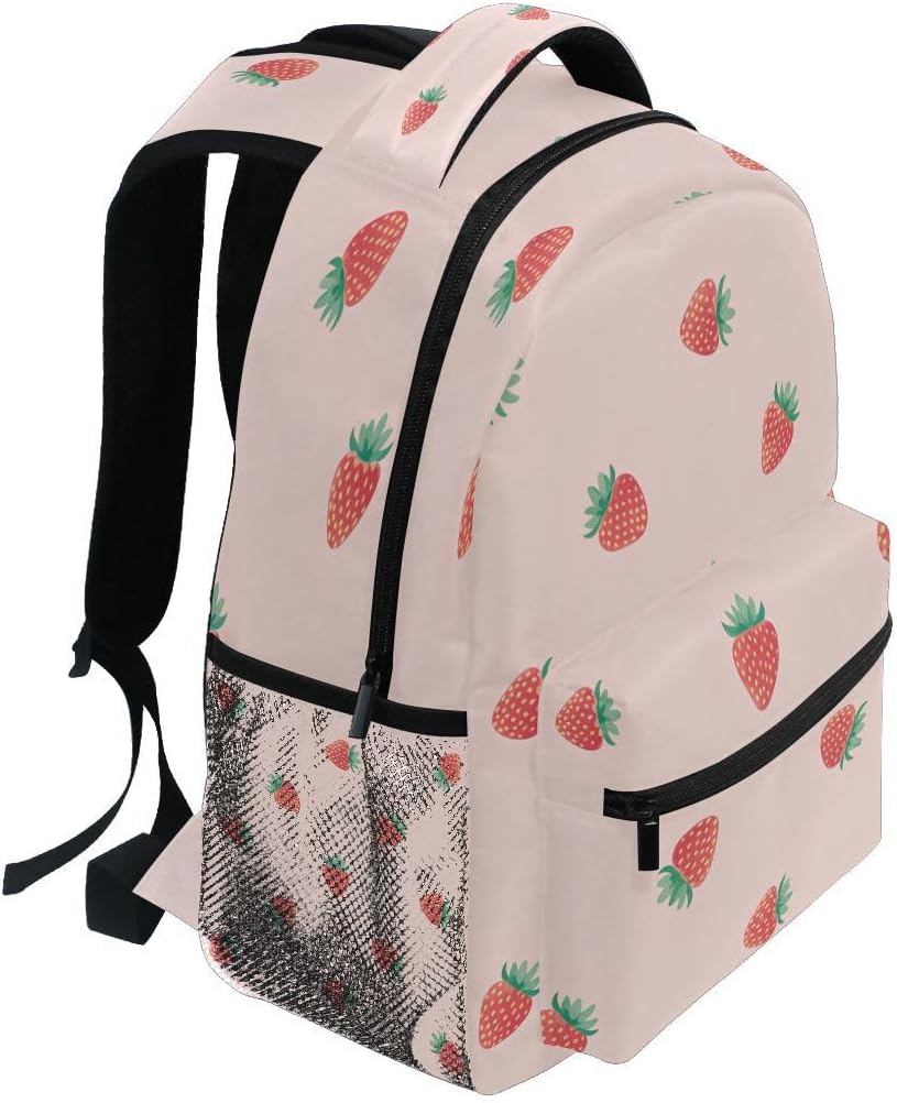 xigua Pink Strawberry Print Travel Backpack for School Water Resistant Bookbag