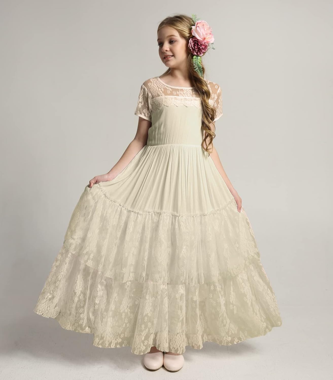 BIBIHOU Girls Kids Lace Back Full-Length Backless Tulle Party Holiday Formal Flower Girl Dress - Image 4