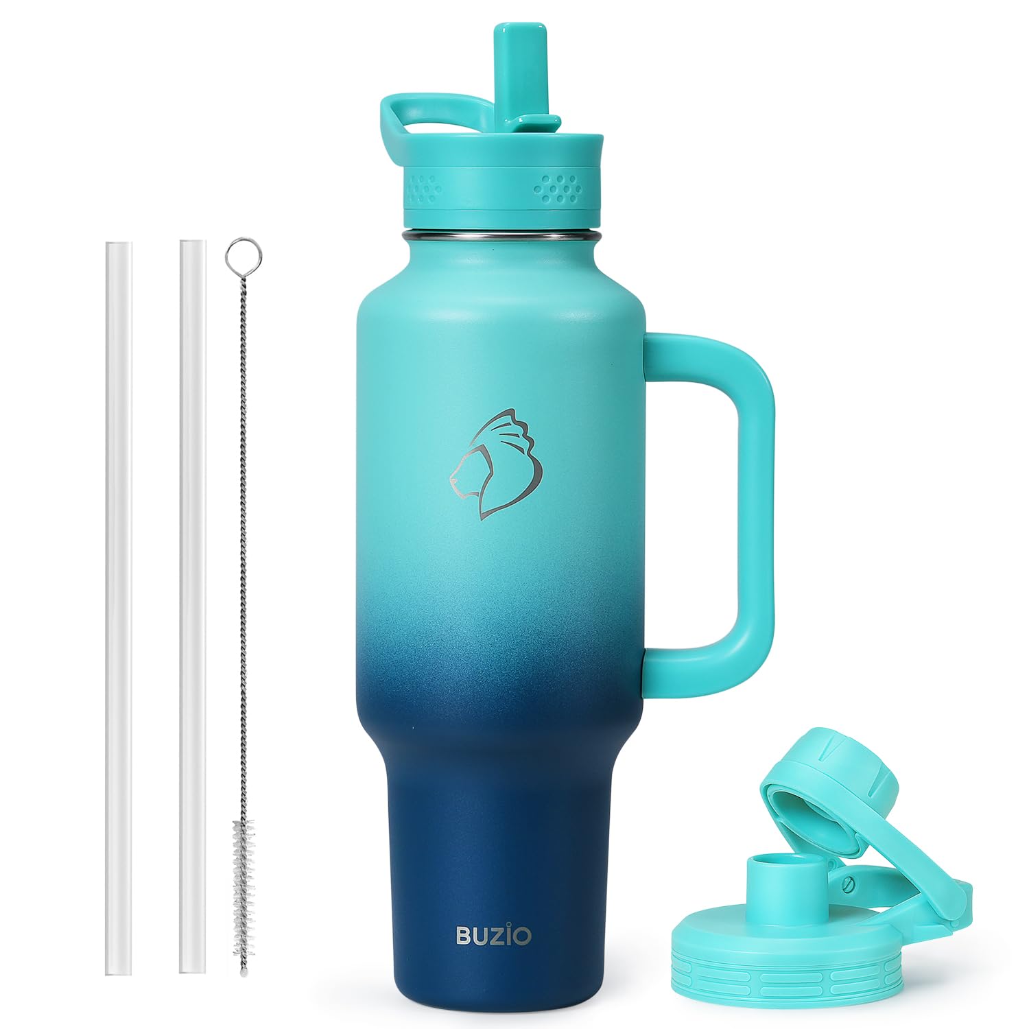40oz Water Bottle Fits in Cup Holder, BUZIO Insulated Tumbler with Handle and Straw for Car, Double Wall Stainless Steel Vacuum Travel Cup Coffee Mug Keeps Cold for 48H and Hot for 24H, Caribbean Blue