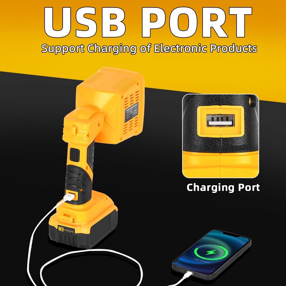 16W Cordless LED Work Light for DeWalt 20V Battery, 1600LM Portable Handheld Flashlights Tool with USB Port and 90 Degree Pivoting Head for Camping, Fishing, Car Repairing, Job Site, Emergency
