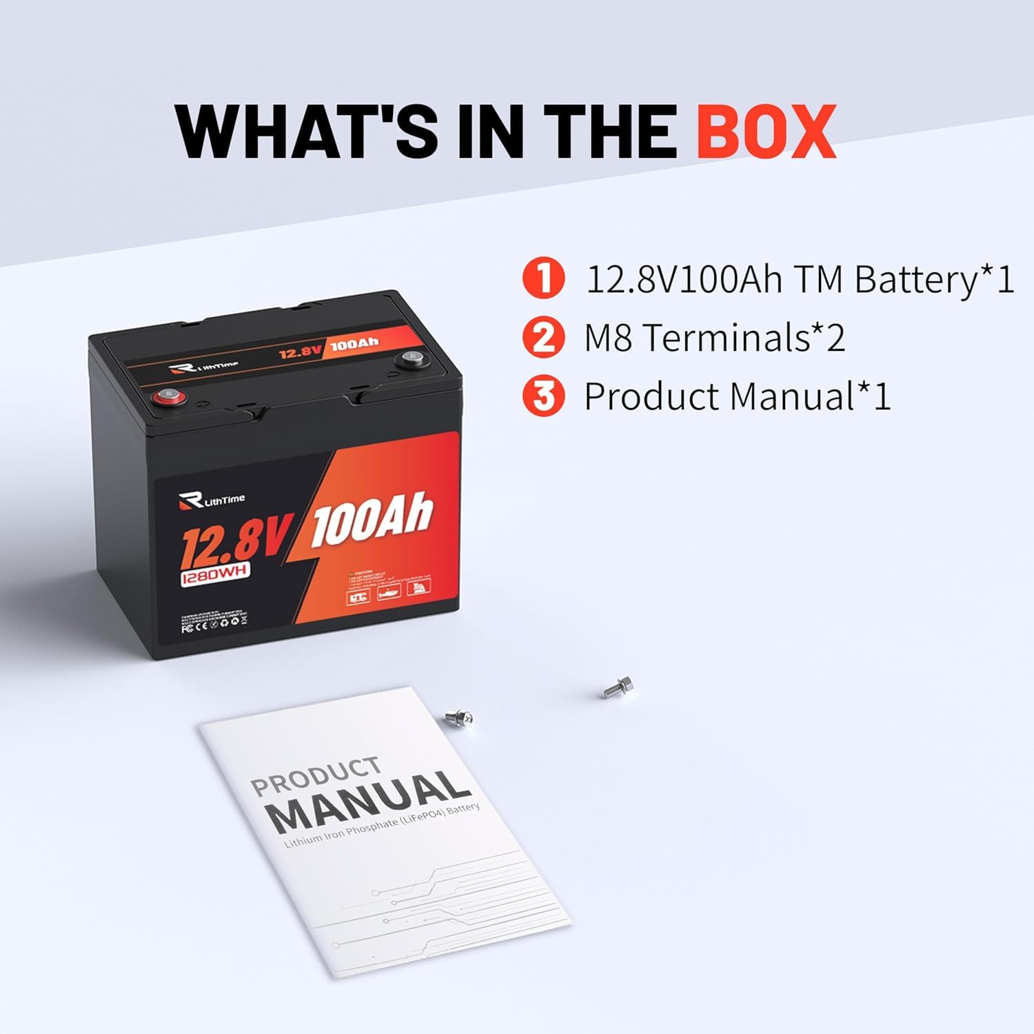 Batteria al Litio 12V 100Ah, Batteria LiFePO4 con Peso 9.5kg e Efficienza 98%, Design Leggero con BMS 100A, IP65, Supporto Alluminio Interno, 4500-16000 Cicli per Camper Sistemi Solari (Group24)