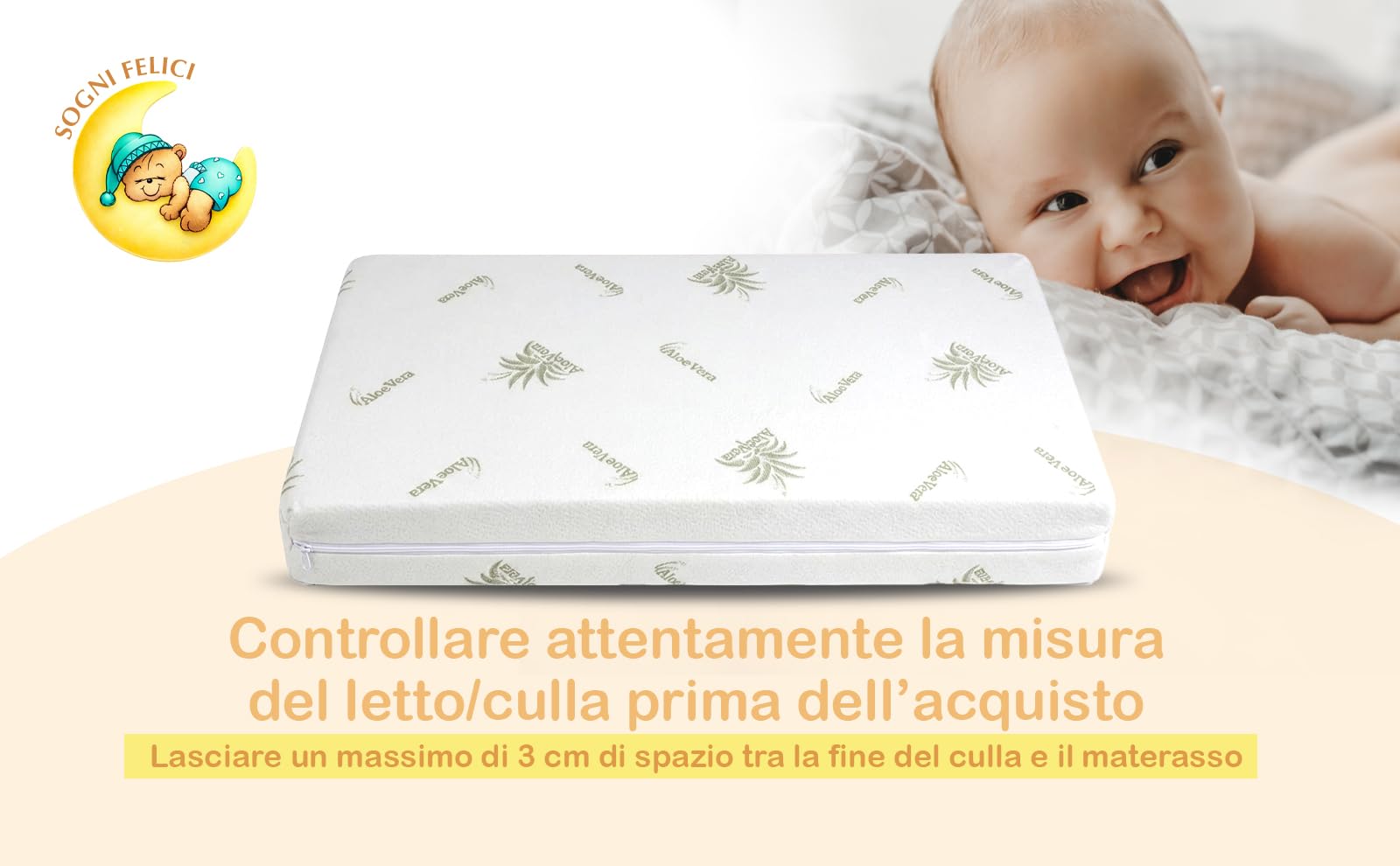 Materasso per Lettino Neonato 60x120 cm Spessore 10 cm con Cuscino – Rivestimento Aloe Vera Antiacaro, Traspirante e Lavabile antisoffocamento OEKO-TEX Standard 100 e CertiPUR