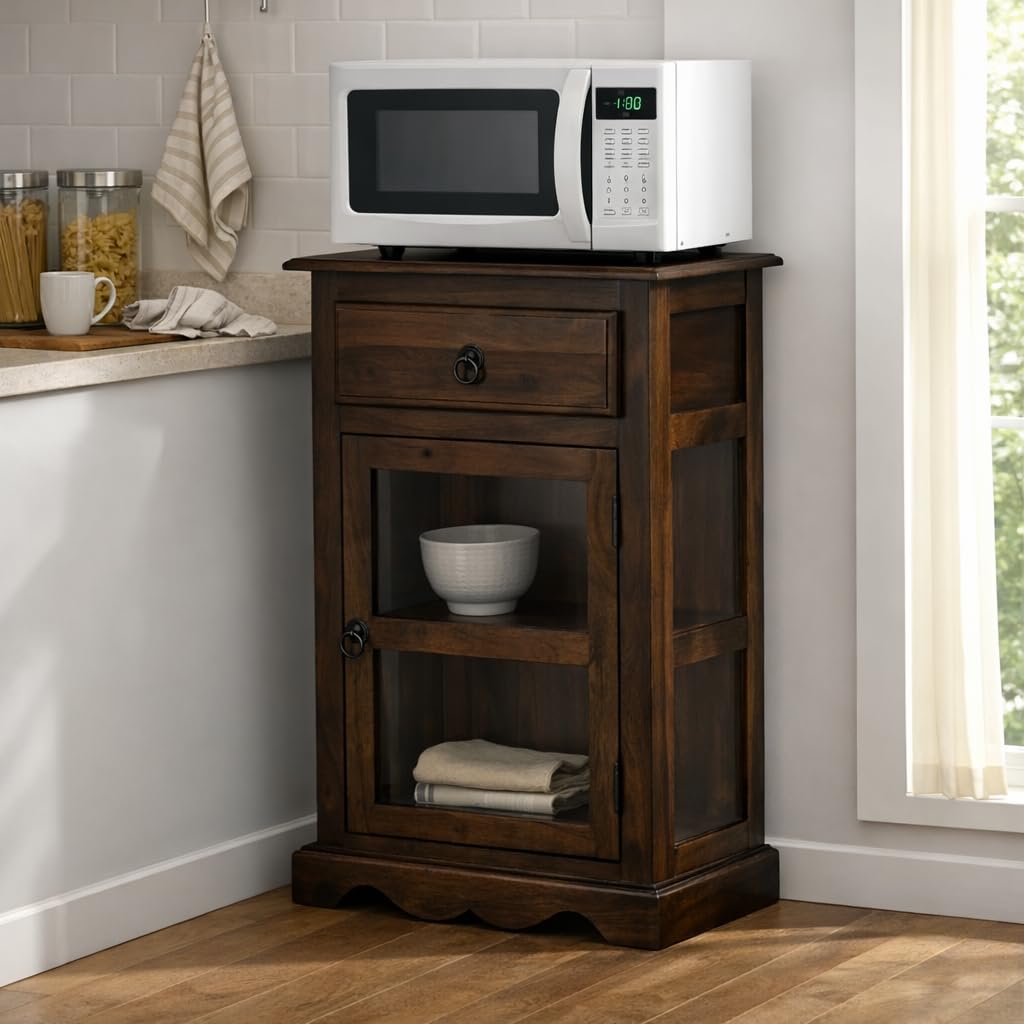 ANGEL FURNITURE Sheesham Wood Portland Kitchen Crockery Cabinet in Walnut Finish Finish | Oven Stand | Microwave Stand