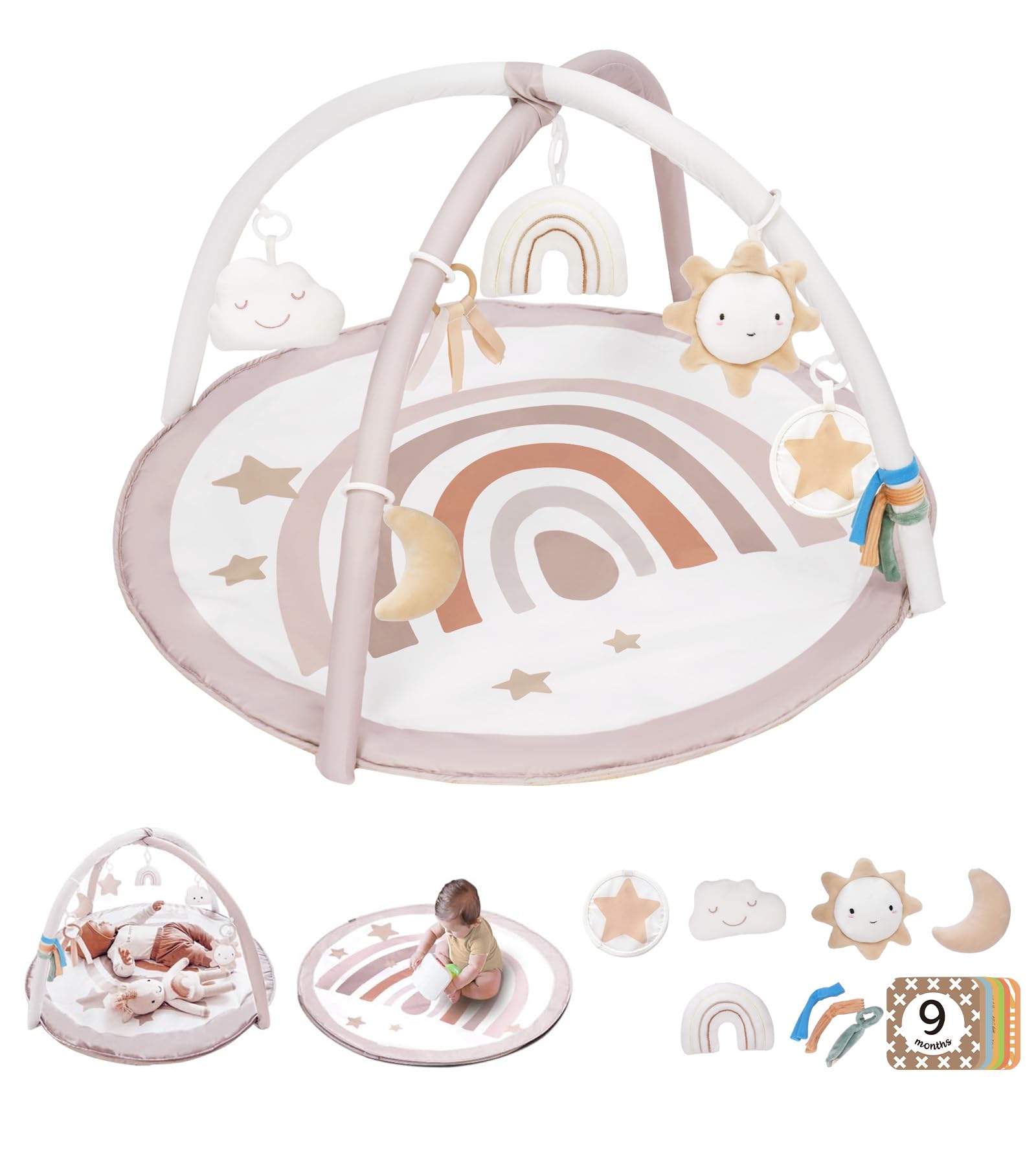 Mallify Spielbogen Baby Mädchen, Krabbeldecke für Baby mit 7 abnehmbaren sensorischen Spielzeugen und 12 Meilensteinkarten, Spieldecke baby ab Geburt, Baby Gym 0-6 Monate, Rainbow