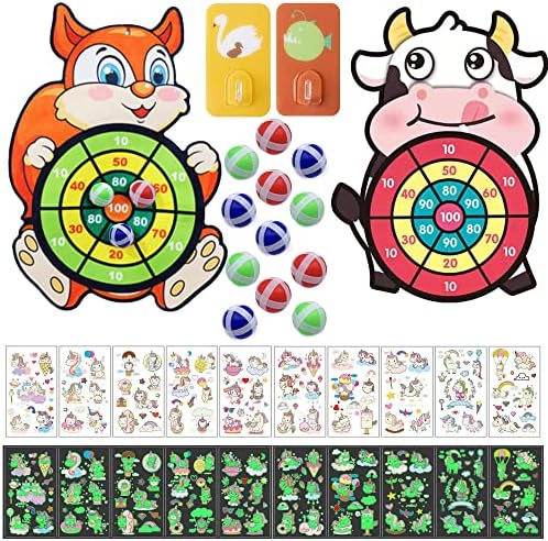 2 Pack Kids Dart Board Set, Velcro Dart Board Games with 12 Sticky Balls, Foldable Kids Indoor Outdoor Party Tossing Game Toys Gifts Christmas Stocking Stuffers for Boys Girls + 10x Luminous Tattoos