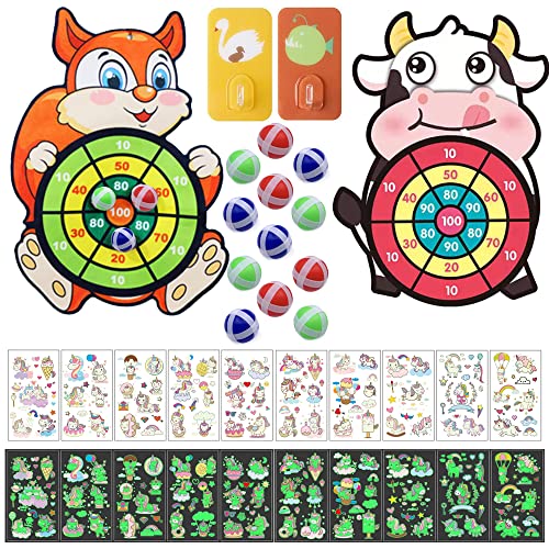 2 Stück Klett Dartscheibe Kinder, Montessori Spielzeug Sicheres Dartspiel Wurfspiel Kinder, Faltbare Kinder Spiele Drinnen Draußen Partei mit 12 Bällen +10x Leucht Tattoo Geschenke für Mädchen Jungen Cover