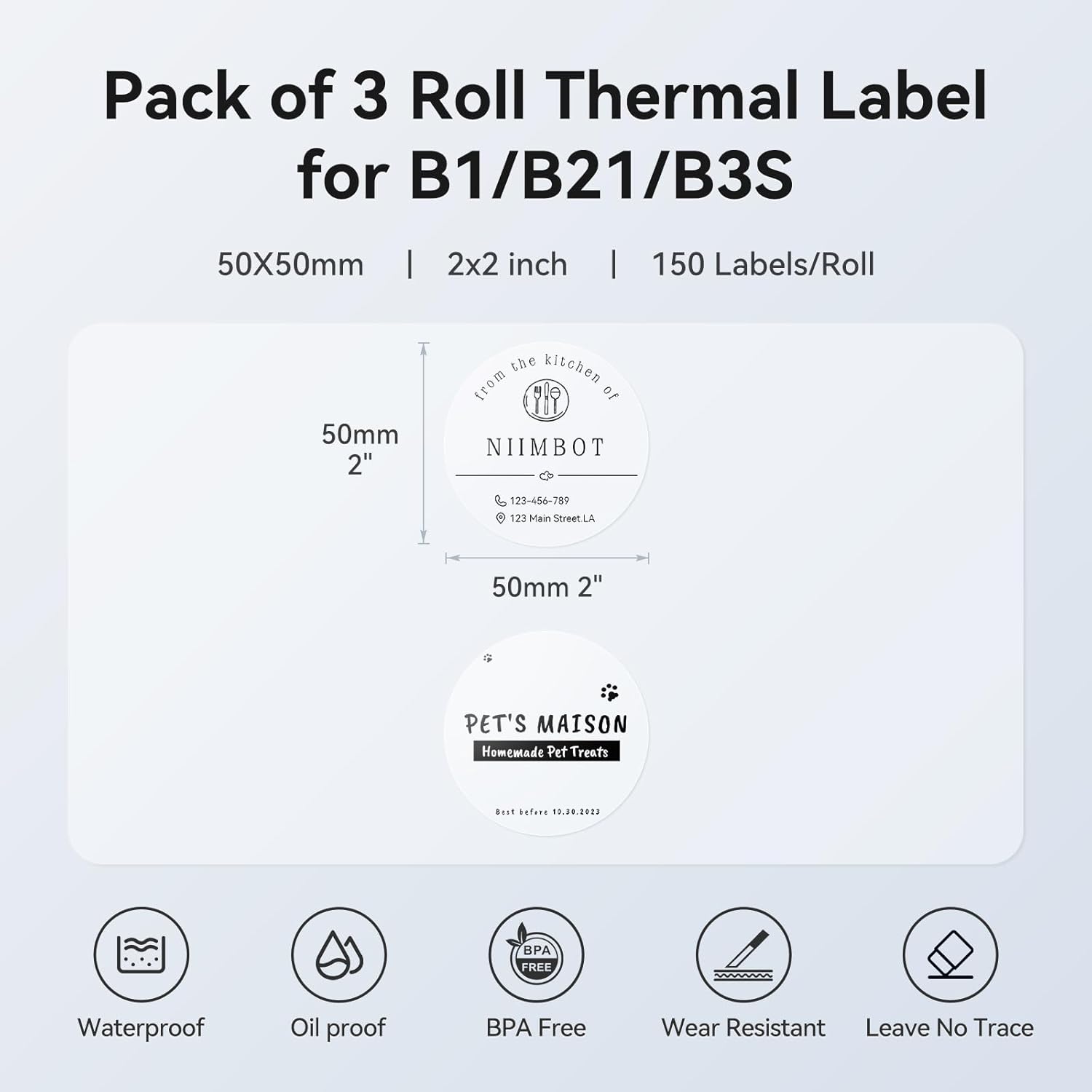 NIIMBOT 3 Rolls Set Label Tape for B1/B21/B3S Label Printer, 1.97" X 1.97" (50x50mm) Round Waterproof Thermal Label Tape for Logo/Gift/Barcode/Kitchen Jar (Clear) - Image 2
