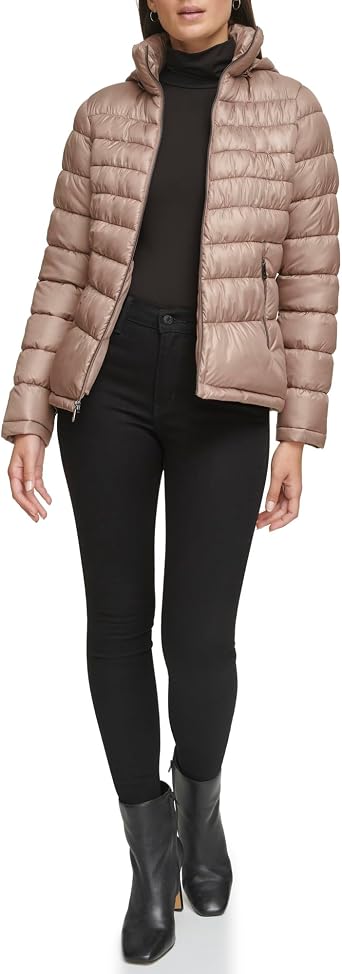 Kenneth Cole Womens Solid Hooded Puffer Jacket