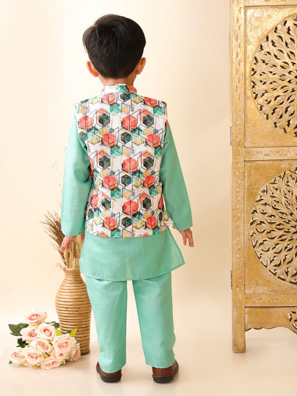 Image of superminis Boys Cotton Printed Full Sleeves Kurta Pyjama with Jacket Ethnic Wear Set
