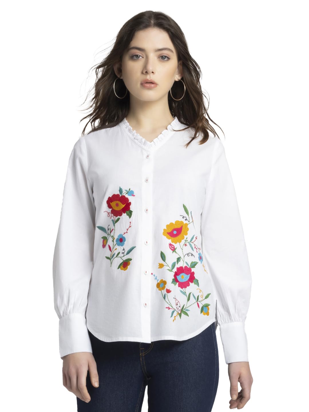 shaye White Casual Long Sleeves V-Neck Embroidered Shirt for Women-picture-35