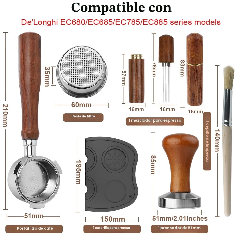Prensadores de Café, 51mm Filtro Portafiltro Café sin Fondo, Agitador de Café expreso, 5 agujas, Tamper Prensadores de Café con Alfombrilla Cafe, Madera Café Tamper Espresso Kit Set