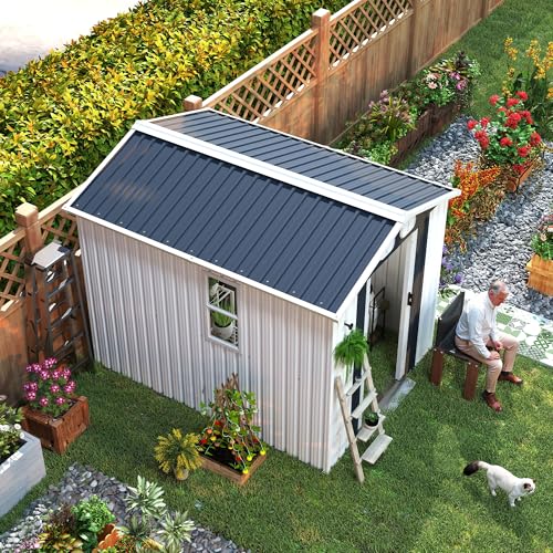 Image of KEIKI 8x6 FT Heavy-Duty Outdoor Storage Shed, Metal Shed with Reinforced Frame, Lockable Doors & Air Vents, Weatherproof Garden Tool Shed for Backyard, White