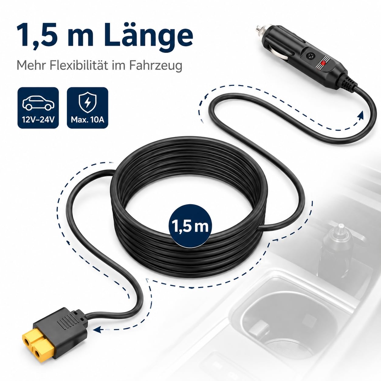 Powice Gniazdo zapalniczki samochodowej na XT60 kabel 1,5 m, 14 AWG kabel do ładowania 12 V/24 V z bezpiecznikiem 10 A, kabel do ładowania samochodowego XT60, gniazdo do stacji zasilania, generatora