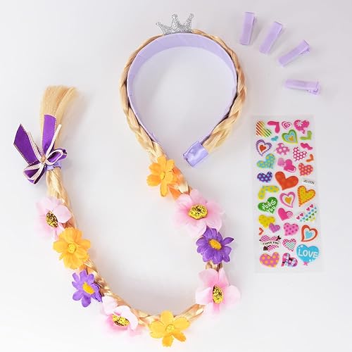 GORSONG Peluca de princesa Rapunzel larga trenzada con flores de tiara, accesorios de disfraz con 4 horquillas