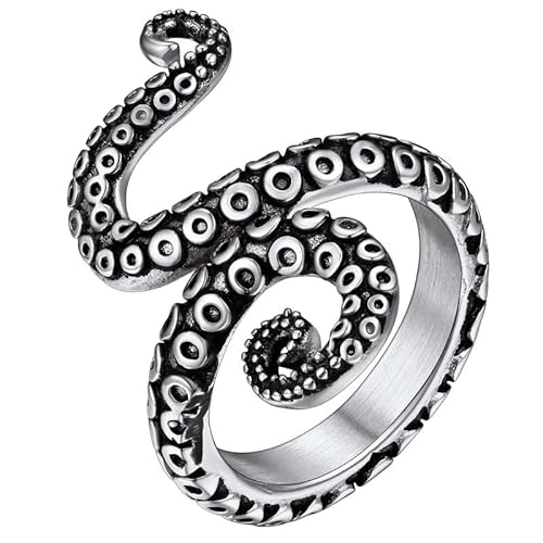 ChainsHouse Men Women Stainless Steel/18K Gold Plated/Black Snake Ring, Retro Punk Gothic Jewelry Antique Octopus Serpent Reptile Rings (with Gift Box) 04-Octopus-2 Whiskers-Steel 10