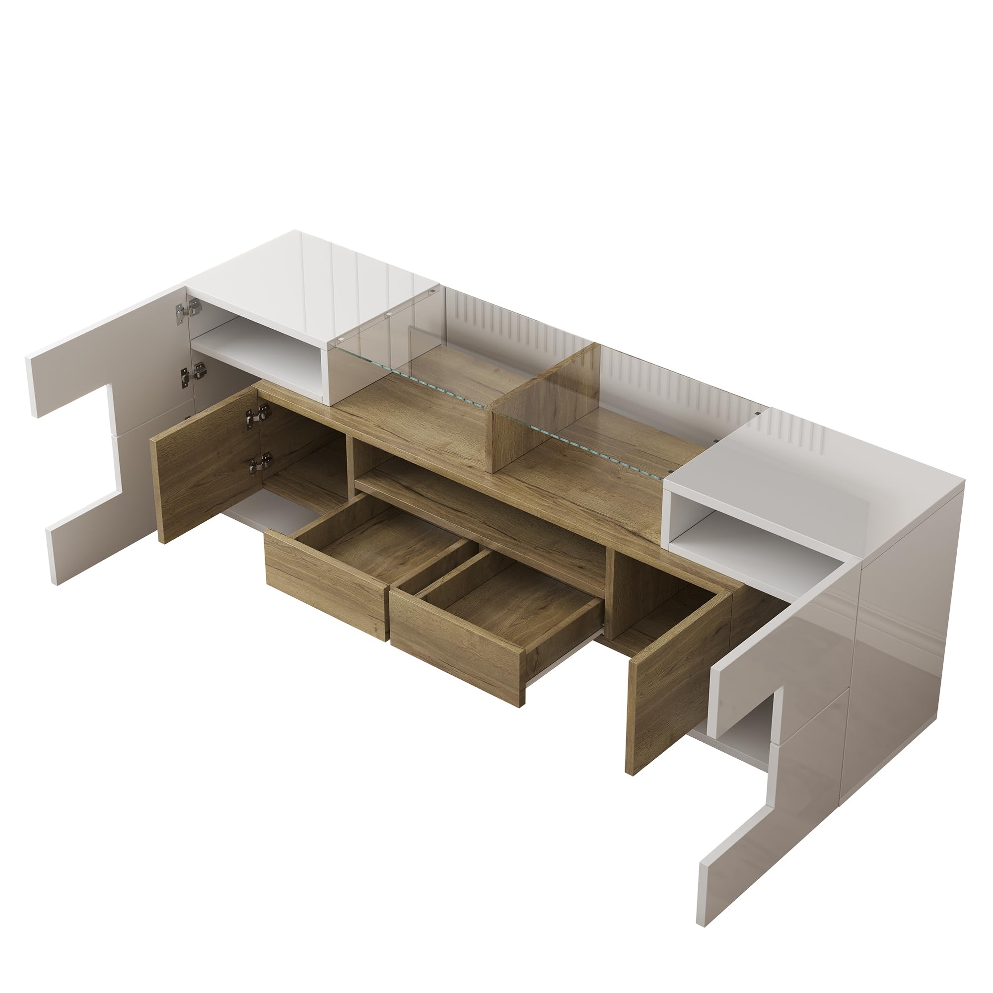 Elegante mueble de TV de 145 cm, color blanco brillante, bancos de TV con iluminación LED y tablero de cristal para salón, diseño moderno (blanco y color madera, 145 cm)