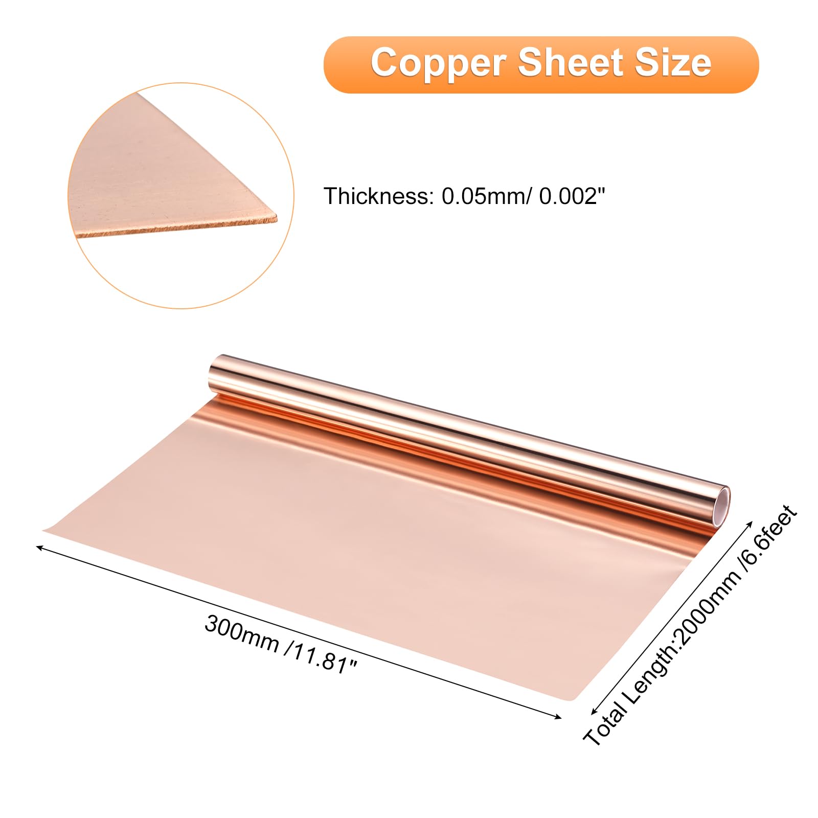 QUARKZMAN Rotolo Lamiera Rame 2000mm x 300mm x 0.05mm, Striscia Rame Puro 99,9% Piastra Lampeggiante in Lamina Metallico per Progetti Fai da Te Elettricità (Diverse Misure)