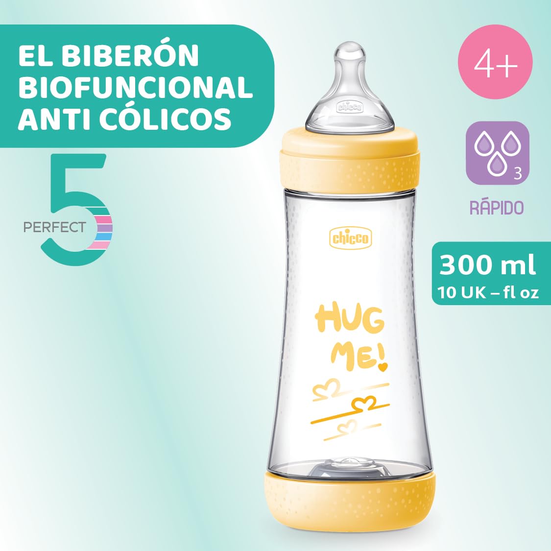 Chicco Perfect 5 Flacone Anti-Colic Flacone da 300 ml a flusso rapido, per neonati 4 m +, tettarella in silicone, borraccia da 300 ml con sistema Intui-Flow