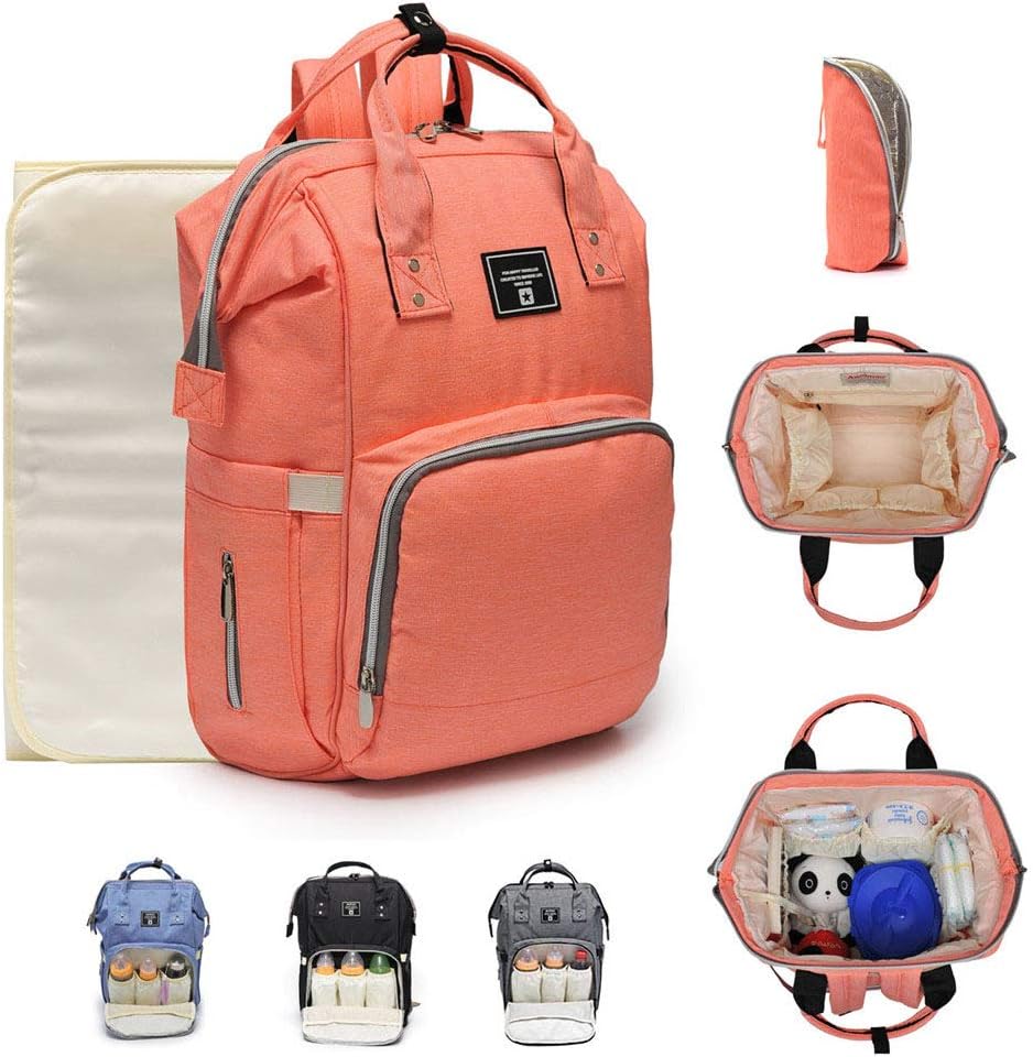 Diaper Backpack,Baby Nappy Changing Bag with Waterproof Changing Mat,Stroller Hook Mum Rucksack Change Backpack Orange