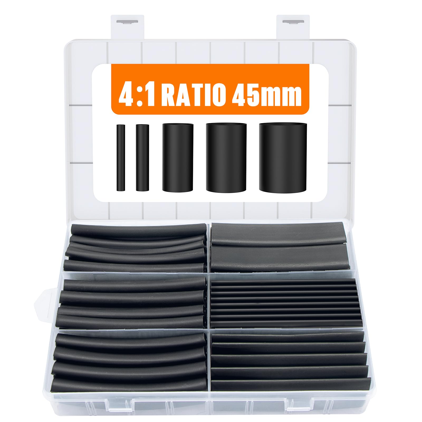 Lsnisni 1.77 Inches Heat Shrink Tubing Kit 200 Pcs, Ratio 4:1 Adhesive Lined, Dual Wall Tube - Marine Grade Waterproof, 5 Diameters, Heat-Shrink Tube, Heat Shrink Cable Sleeve - Black