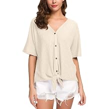 IWOLLENCE Womens Waffle Knit Tunic Blouse Tie Knot Short Sleeve Henley Tops Loose Fitting Bat Wing Shirts
