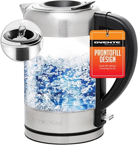 Miniatura 12 de OVENTE Hervidor eléctrico, 1500W sin plástico, hervidor de té de 1.8L y calentador de agua caliente para café o té, tapa fácil de llenar, apagado