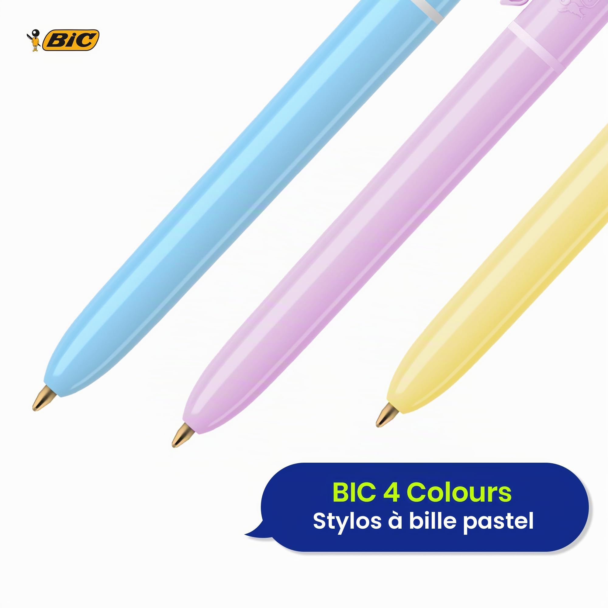 BIC Lot de 3 stylos pastel 4 couleurs rétractables avec quatre encres vives assorties pour l'école, le bureau et le codage couleur