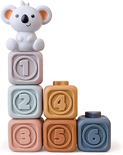 HUADADA Stacking & Nesting Baby Toys Squeeze Teething Toy for 3 Year plus Soft 7 Pcs Building Rings Koala Stacker Early Educational Toy Gifts for Baby Toddler Boys Girls (Square)