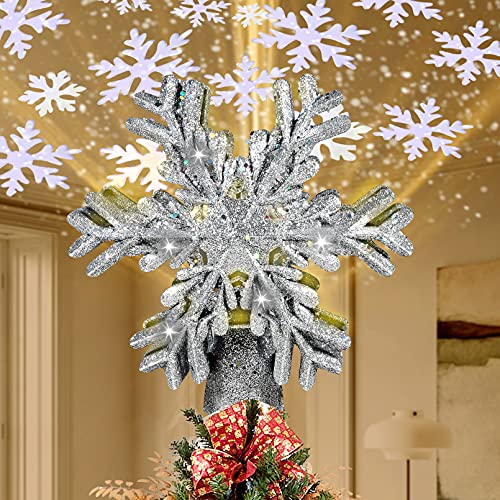 RNSSEZ Estrella de Navidad Árbol con Proyector de Copos de Nieve Giratoria LED, Topper de Árbol de Navidad, Decoración para la Punta del Árbol de Navidad en Forma de Copo de Nieve (Plata)