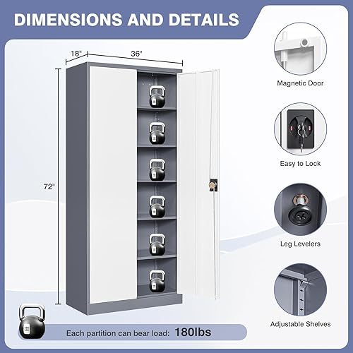 Miniatura 3 de LISSIMO Gabinete de metal, armario de almacenamiento con bloqueo con 2 puertas y 5 estantes ajustables, gabinetes de acero para herramientas de 72