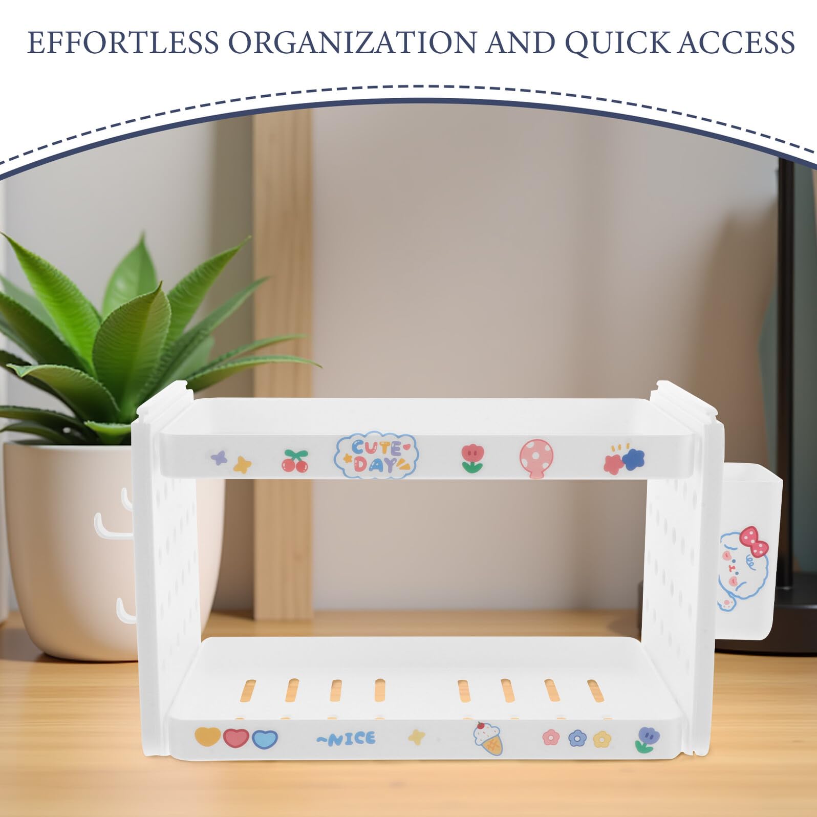 Sosoport Organizador de Escritorio Modular Beige de 2 Niveles Portalápices 3 Ganchos y Compartimentos Organizador Apilable para Material de Oficina y Papelería Adecuado para Oficina y