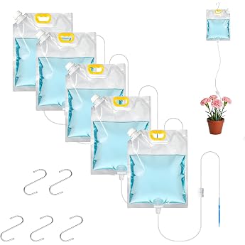 5 x 5L Plant Watering Drip Irrigation Bags with 5 Hooks 5 adjustable flow valve switches automatic irrigation watering system for holidays and everyday life flower pot