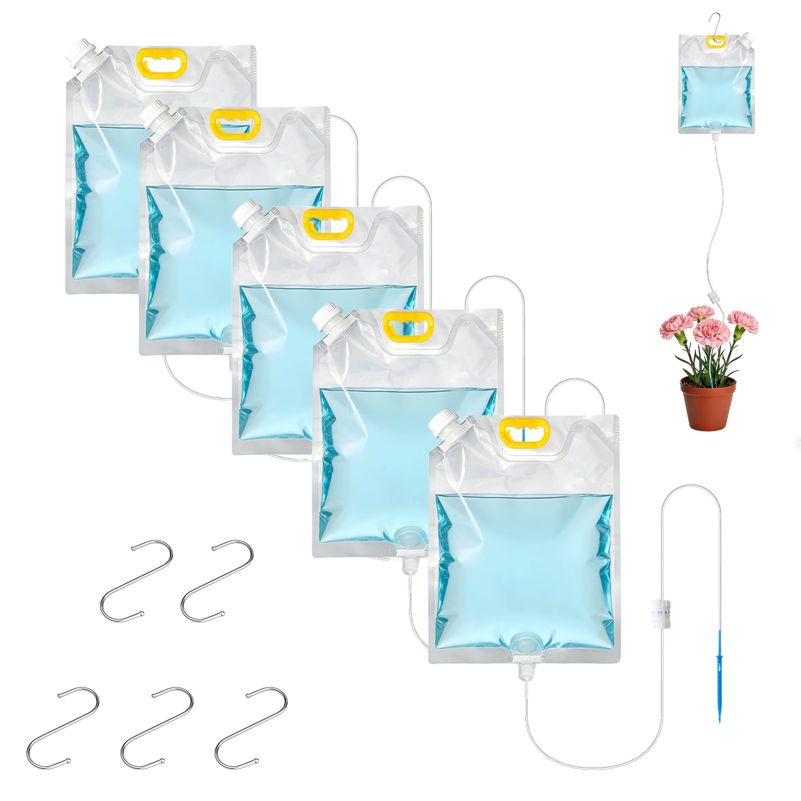 5PCS Bolsa de Riego Por Goteo, 5L Bolsa Dispositivos Automáticos de Riego Para Plantas con Flujo Ajustable, Sistema de Riego Automático, para Vacaciones Plantas Riego Huerto Macetas Exteriores