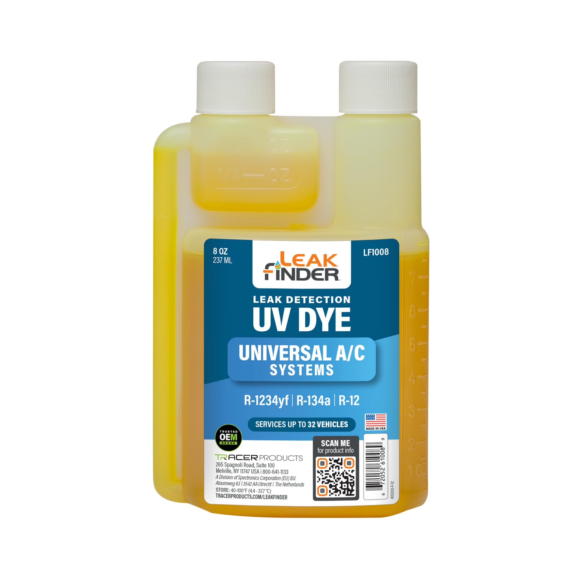 LF1008 - Tinte universal de detección de fugas de refrigerante para aire acondicionado automotriz, servicios R134a, R-1234yf Systems, botella de doble cuello de tinte fluorescente AC de 8