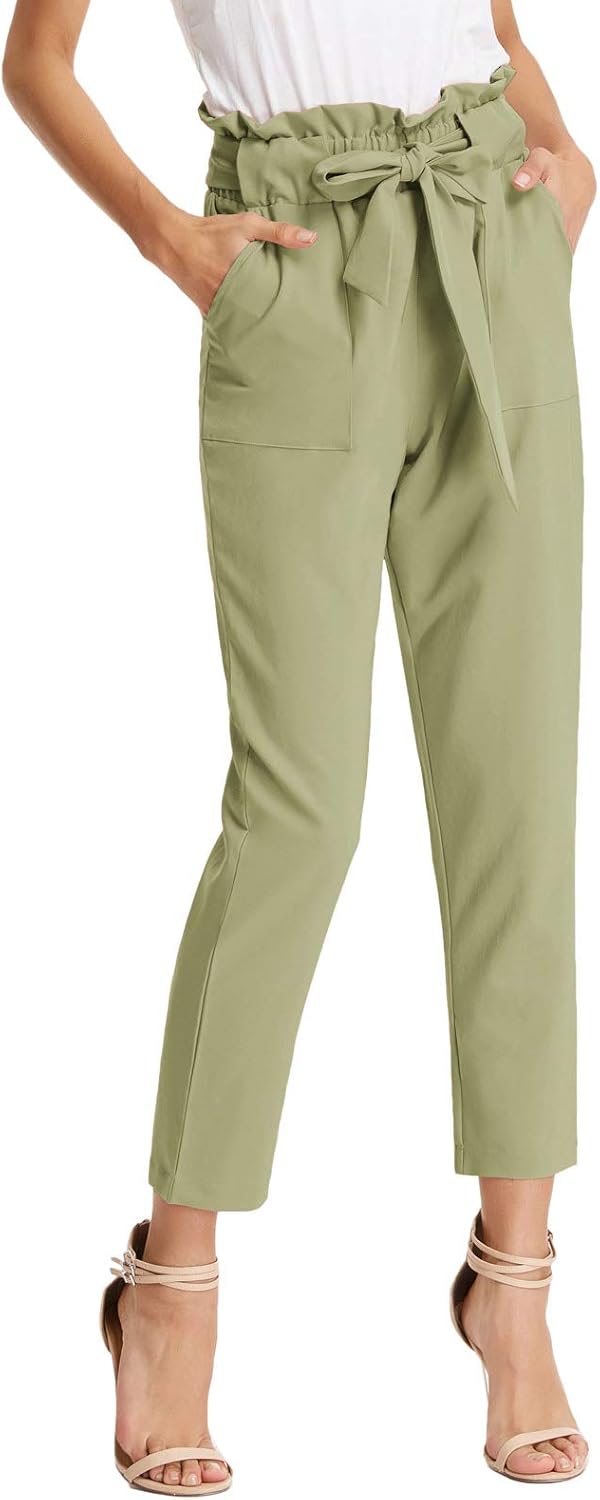 GRACE KARIN Womens Cropped Paper Bag Ruffled Waist Pants with Pockets Light Army Green