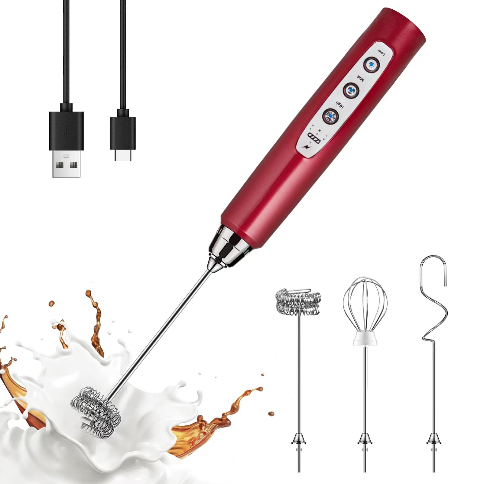 YUSWKO Red Milk Mousseur à lait portatif avec 3 têtes, fouet à café mélangeur en mousse avec 3 vitesses rechargeable par USB, mini mousseur manuel électrique pour latte, cappuccino, chocolat chaud