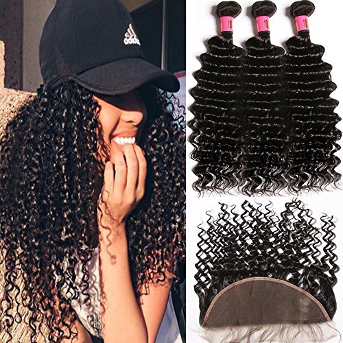 Malaysian Deep Wave With Lace Frontal Closure, 100% Unprocessed 8A Hairitory Virgin Human Hair 3 bundles With Closure Ear To Ear Lace Frontal with Bundles Natural Color 100g/PC(18 20 22 +16 free part)