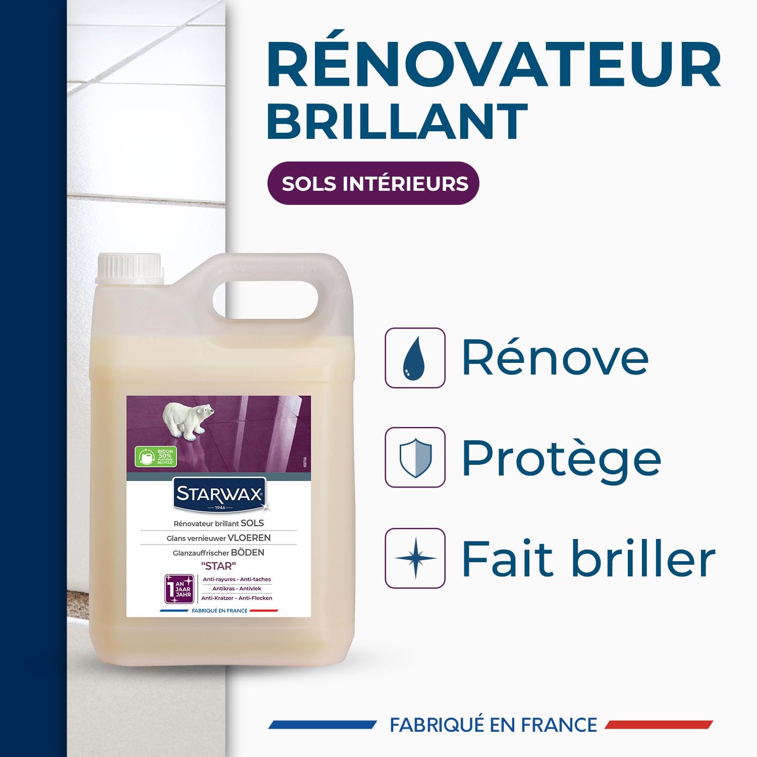 STARWAX Rénovateur Brillant Star pour sols intérieurs 5L | Ravive et protège carrelage PVC parquet stratifié tomettes et marbres, brillance longue durée jusqu'à 1 an, rendement 30m²/L