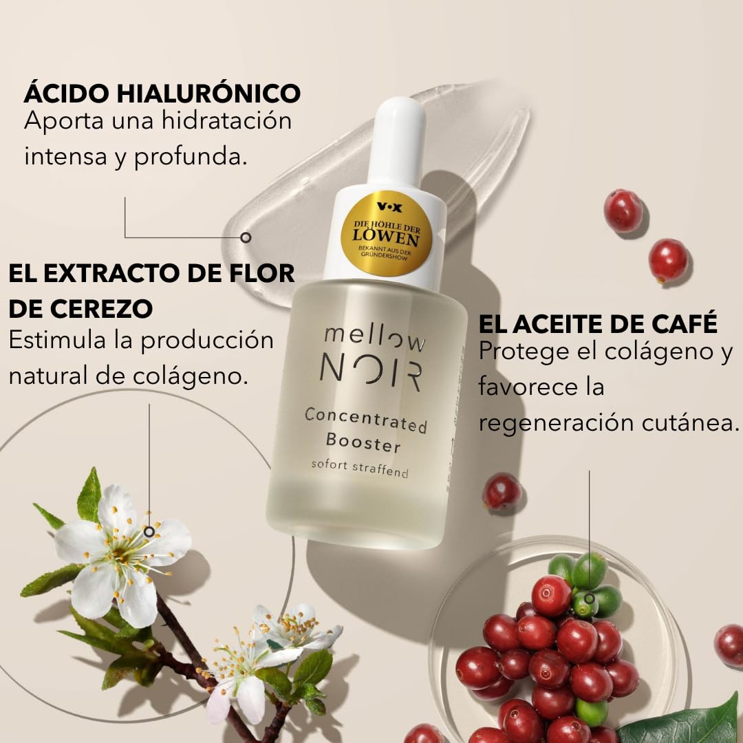 mellow NOIR Concentrated Booster 30ml | EFECTO REAFIRMANTE INMEDIATO | Sérum con Ácido Hialurónico para el Rostro | Sérum Contorno de Ojos | Tratamiento para Ojos y Rostro | Vegano