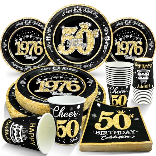 Image of 50th Birthday Decorations Black and Gold, Service for 30, Vintage 50th Birthday Party Supplies Includes Black Vintage 1976 Plates, Napkins, Cups 50th Birthday Plates and Napkins for Men Women